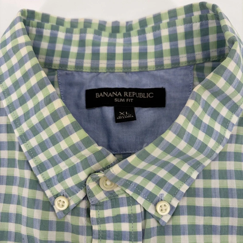 Banana Republic Slim Fit‎ Gingham Button Down Shirt Mens XL Green White Blue